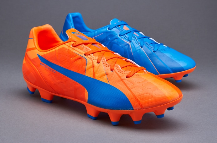 Puma evoSPEED 4.4 FG Junior Boots Firm Ground Orange Clownfish Electric Blue Lemonade