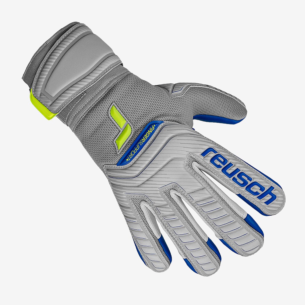 Reusch Kids Attrakt Grip Evolution Finger Support - Vapor Gray/Safety  Yellow/Deep Blue - Junior GK Gloves