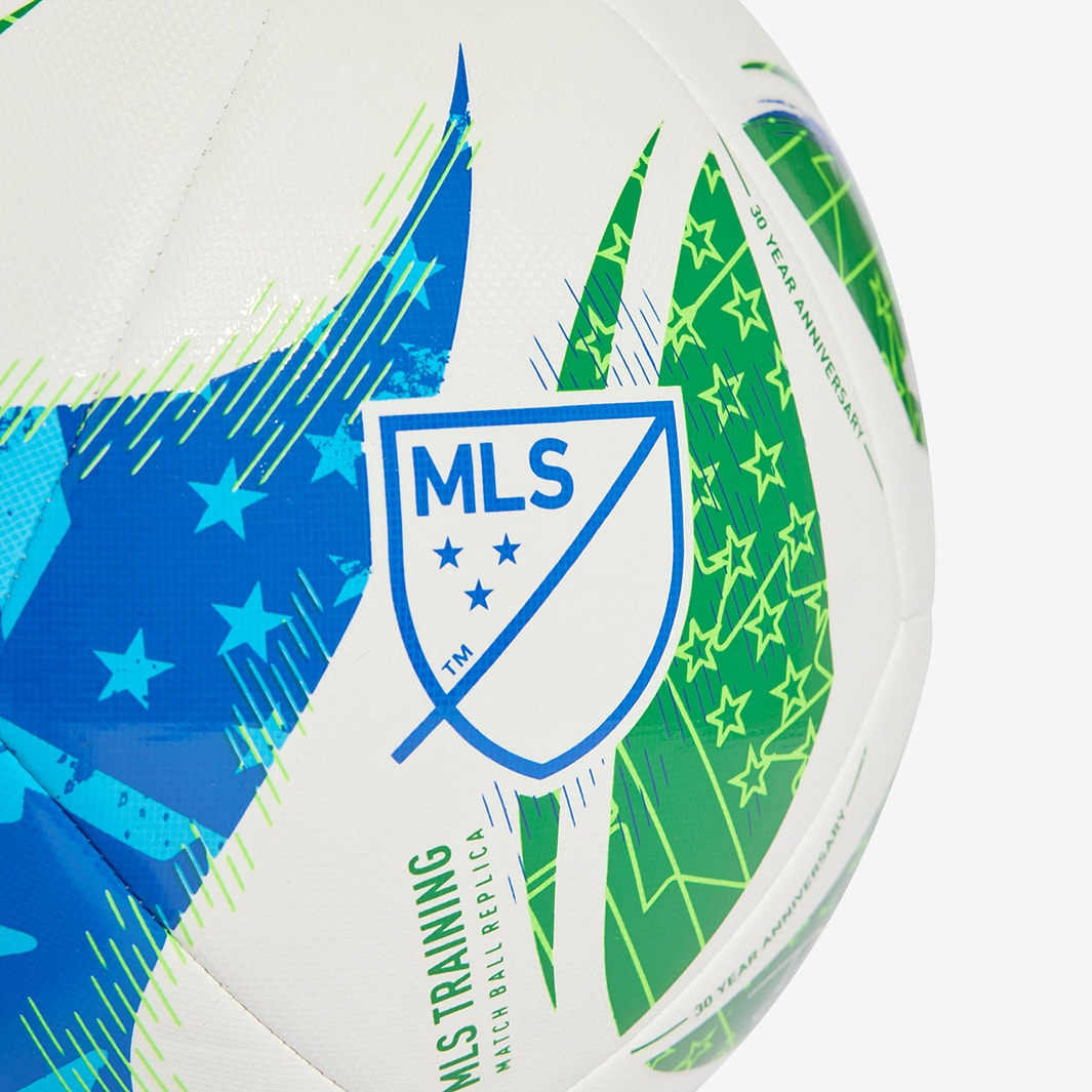 adids MLS 2025 Training Soccer Ball White/Green/Glory Blue/Solar