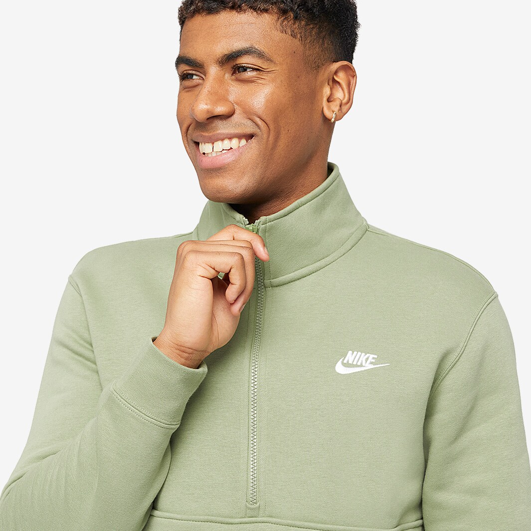 Nike Sportswear Club BrushedBack 1/2Zip Sweatshirt Oil Green/White Tops Mens Clothing