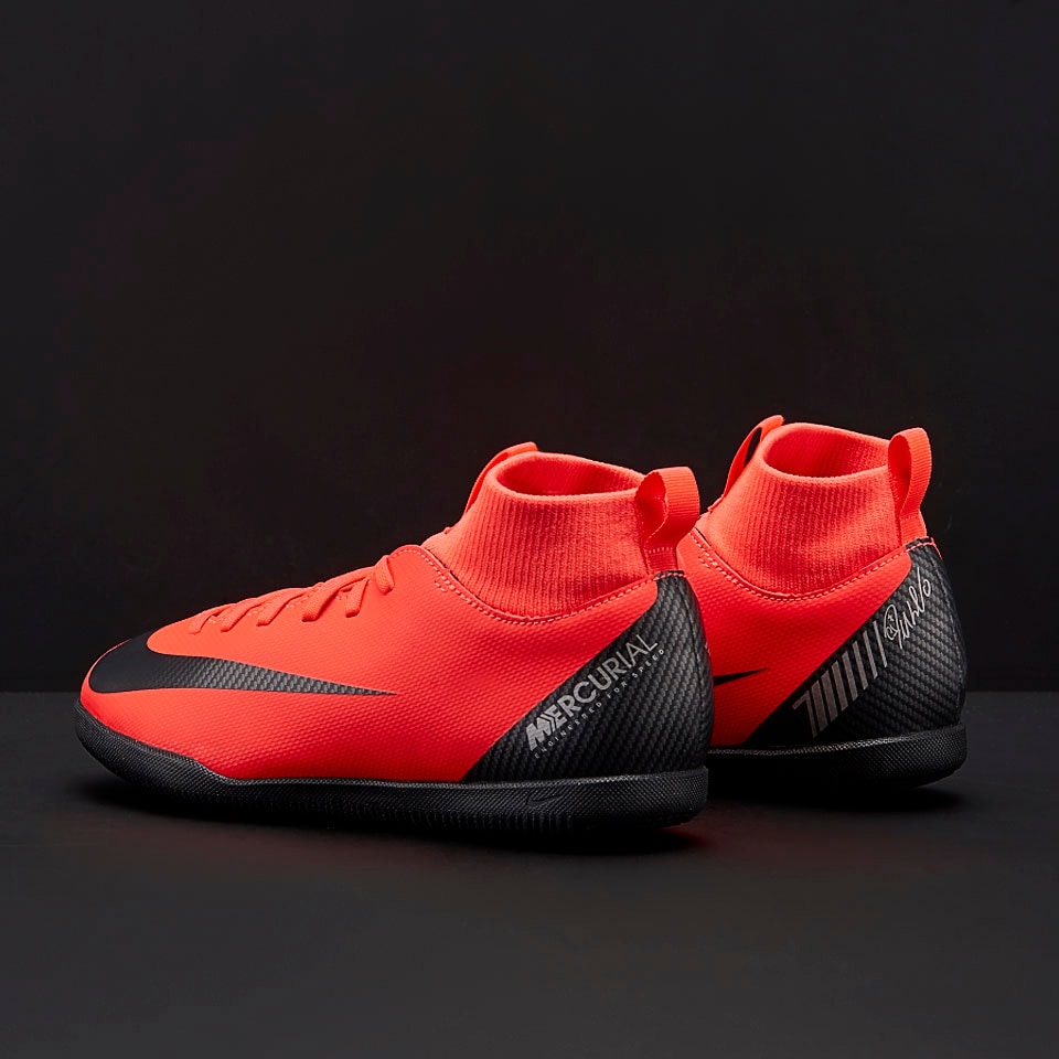 Nike Kids Mercurial Superfly VI Club CR7 IC Junior Soccer Cleats Indoor Bright Crimson Black Chrome