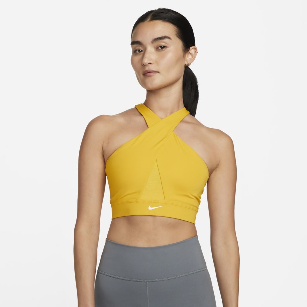 Nike Performance WRAP - Medium support sports bra - yellow ochre/yellow  ochre/gold suede/(white)/mustard yellow 