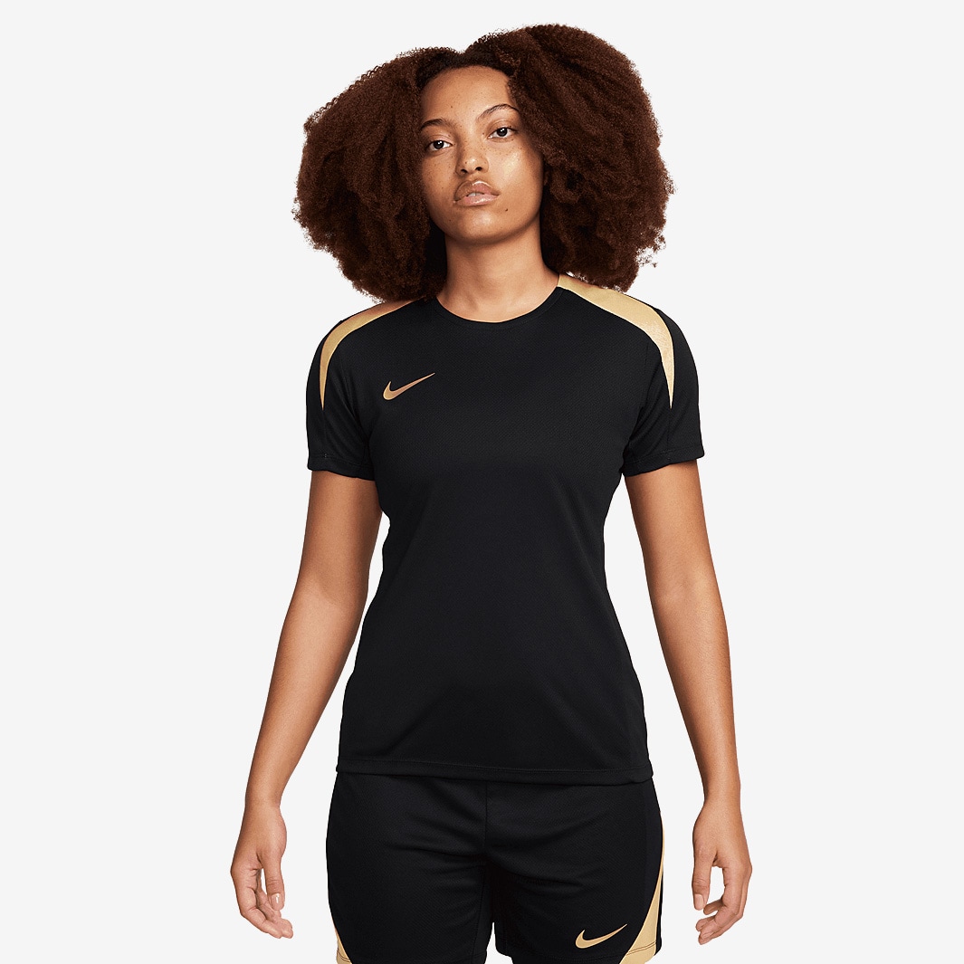 Nike Womens Dri Fit Strike Ss Top Blackjersey Goldmetallic Gold Womens Clothing Pro 4864