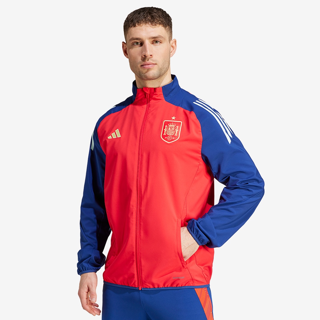 adidas Spain 2024 Pre Match Jacket Ray Red Victory Blue Mens Replica Pro Direct Soccer