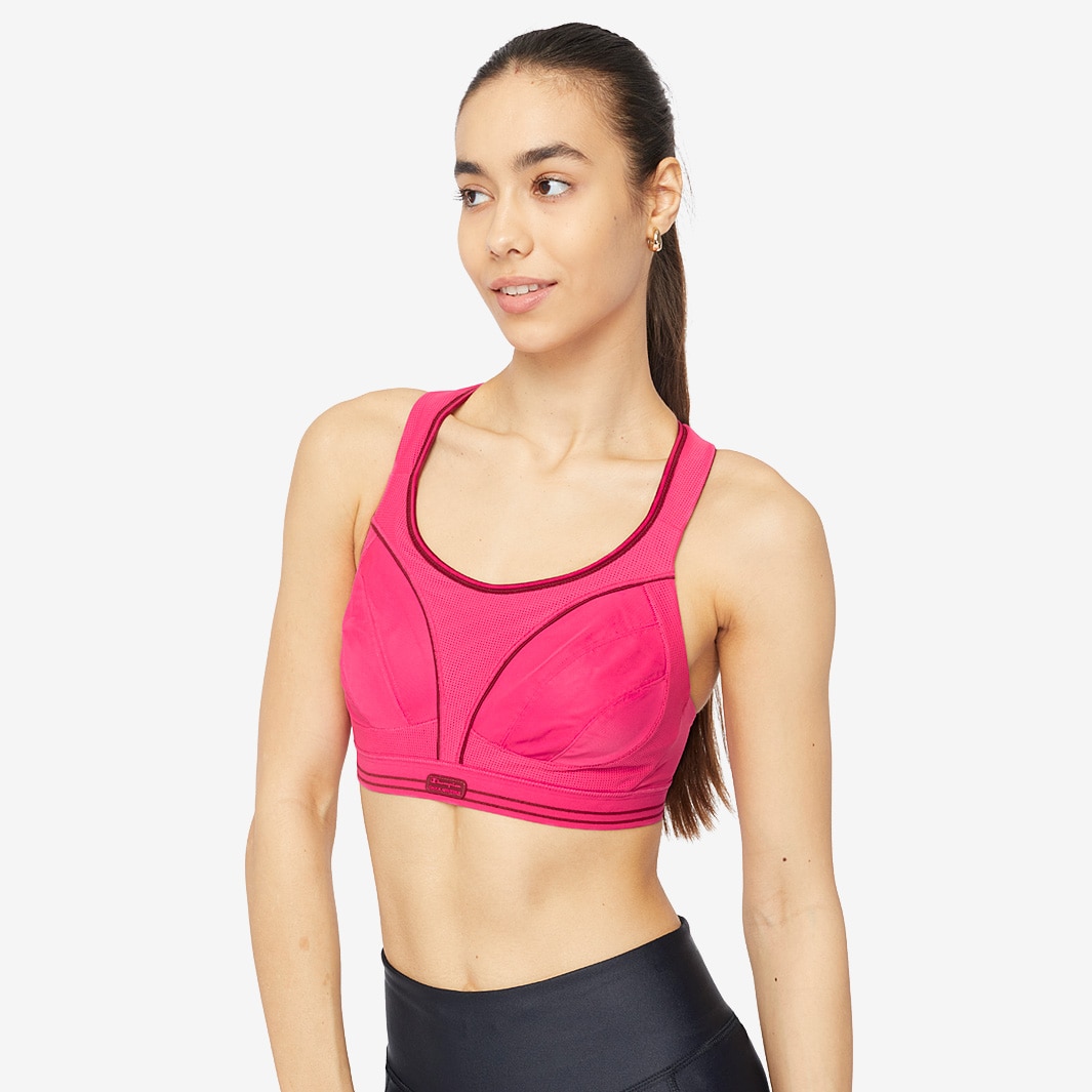 Shock Absorber Ultimate run sports bra in pink with yellow detail