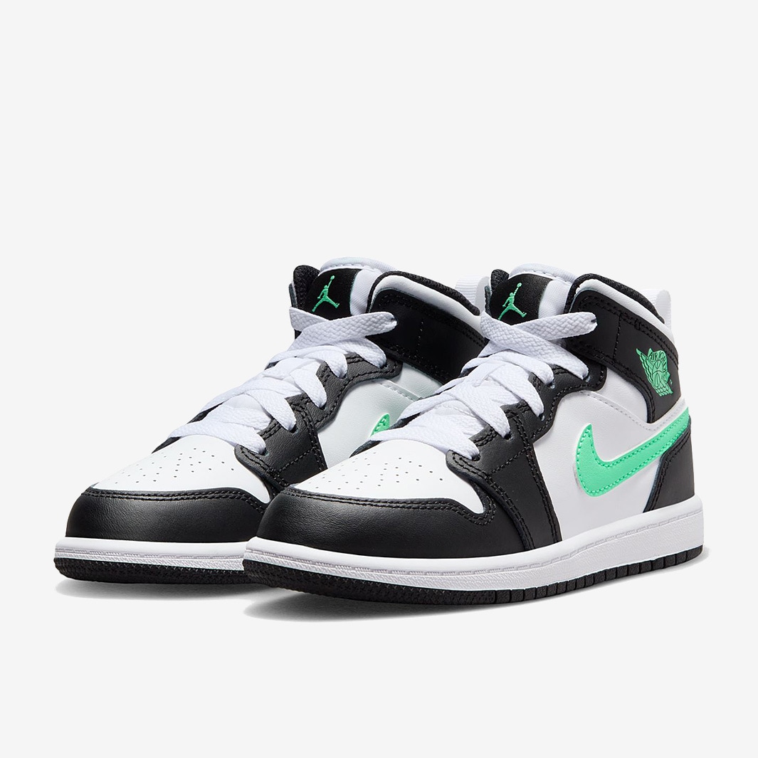 Jordan 1 Mid Younger Kids PS White Green Glow Black Trainers Boys Shoes Pro Direct Basketball