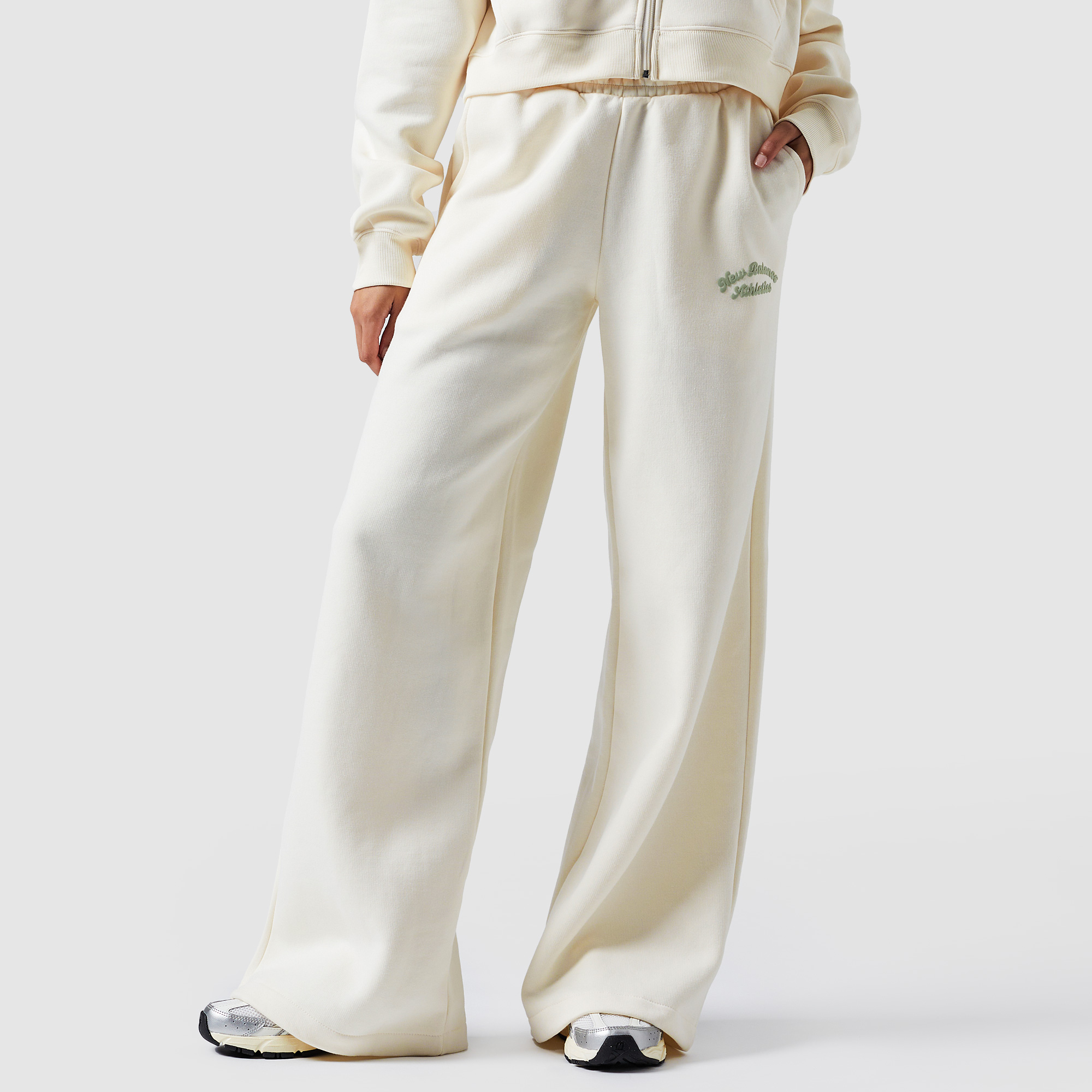 New Balance Womens Linear Heritage Fleece Wide Leg Joggers Beige