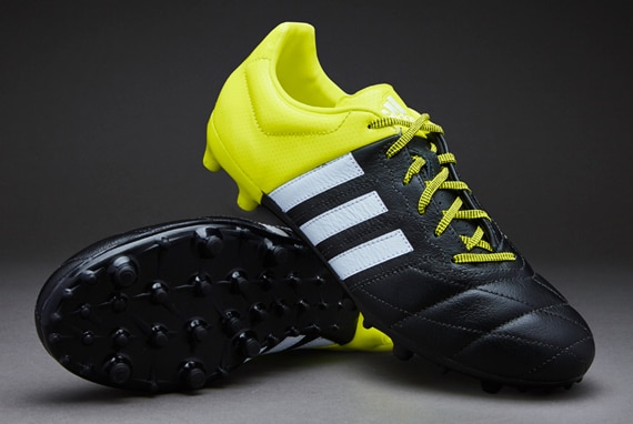 optocht kalmeren viering adidas ACE 15.3 FG/AG Leather - Mens Boots - Firm Ground - Core  Black/White/Solar Yellow | Pro:Direct Soccer