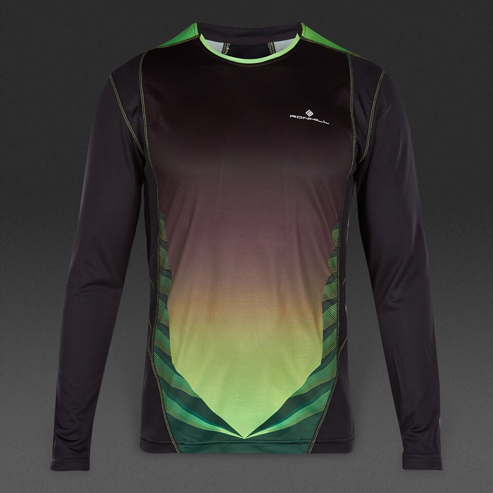 Ronhill Advance Long Sleeve Crew Top Mens Clothing Black/Fluo Green