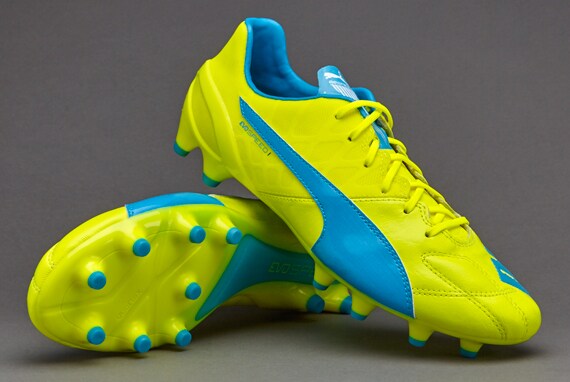 PUMA evoSPEED 1.4 Leather FG - Mens Shoes - Firm Safety Yellow/Atomic Blue/White