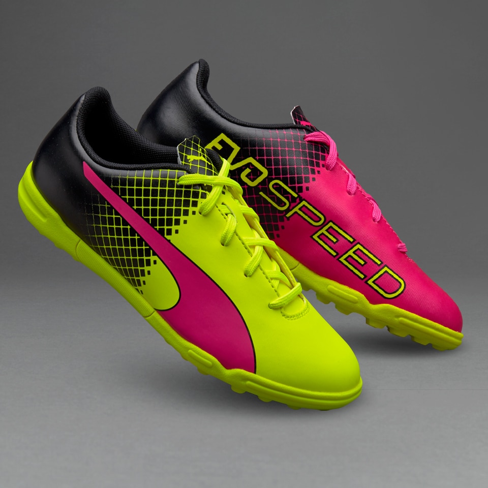 Puma evoSPEED 5.5 Tricks Youths TF - Soccer Cleats - Turf - Pink Glo/Safety Yellow/Black