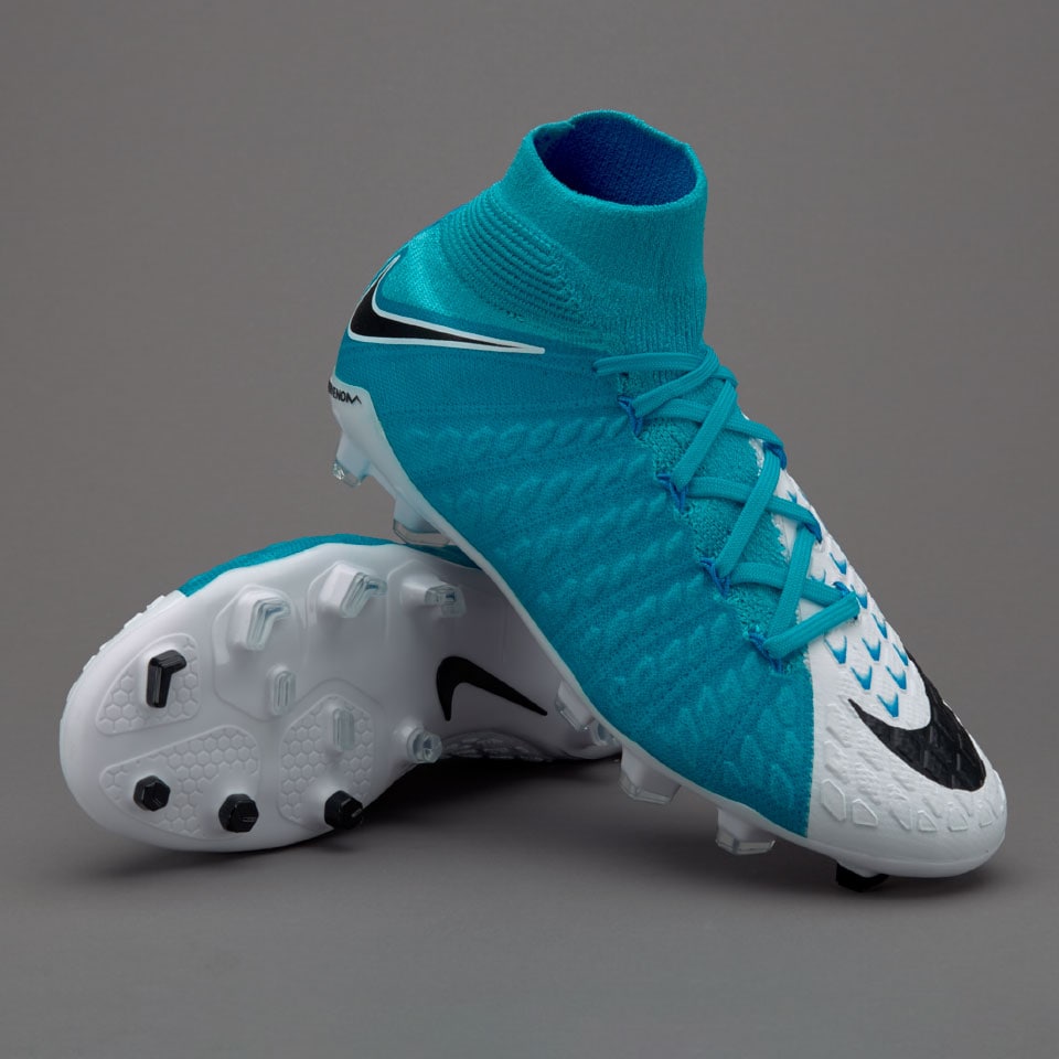Botas de fútbol- Nike Hypervenom Phantom III DF FG para niños - Blanco/Negro/Azul | Pro:Direct Soccer