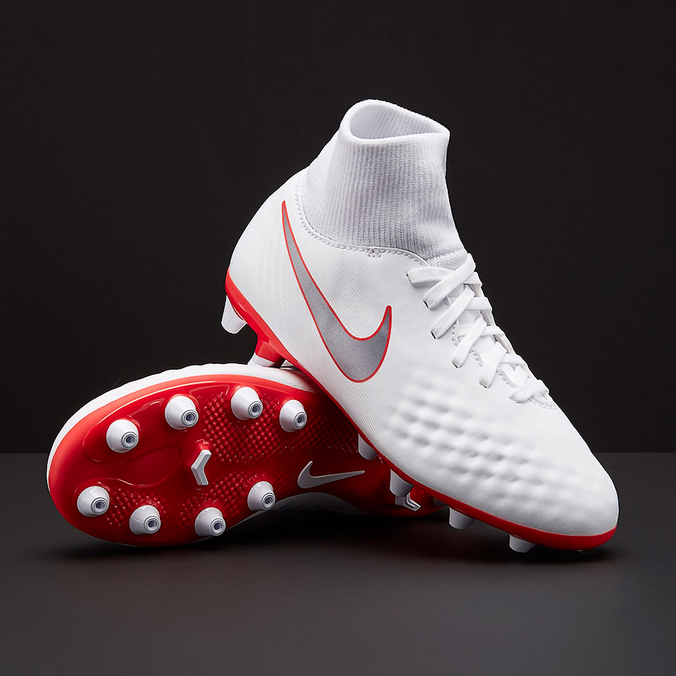 Botas de fútbol para niños - Césped artificial - Nike Magista Obra II Academy DF AG-Pro para niños - Blanco/Gris/Crimson - AO4556-107 | Pro:Direct