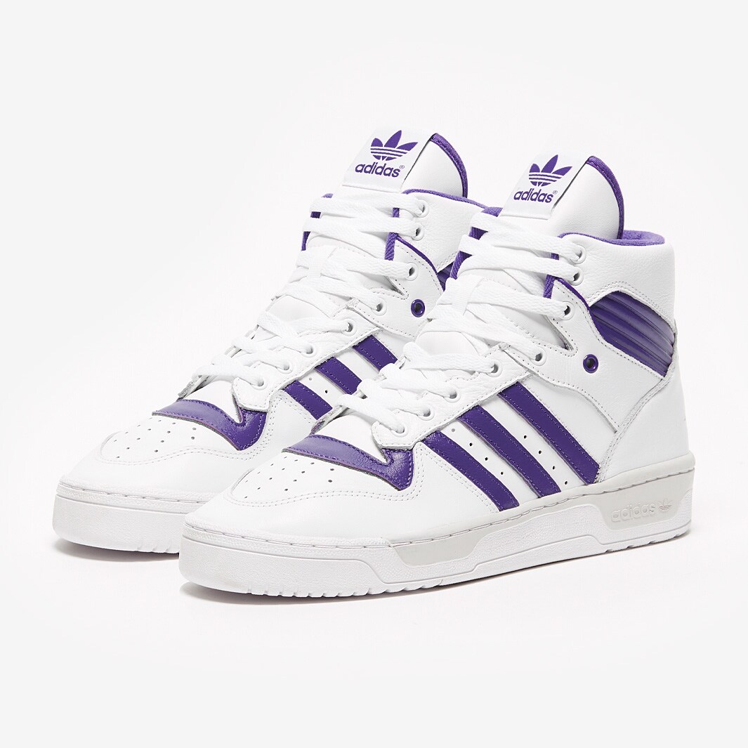 white and purple adidas high tops