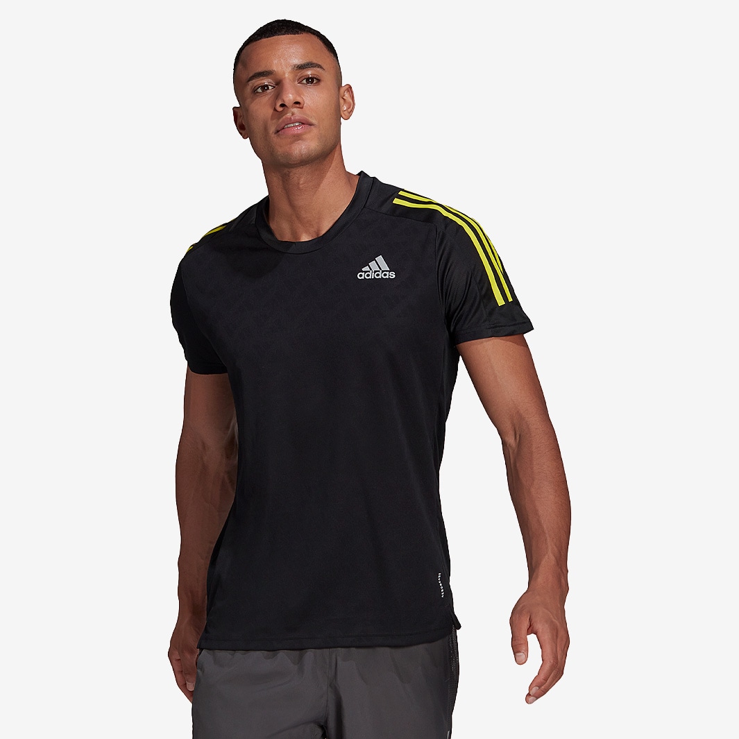 adidas Own The Run 3 Stripe T-Shirt - Black/Black/Acid Yellow - Mens ...