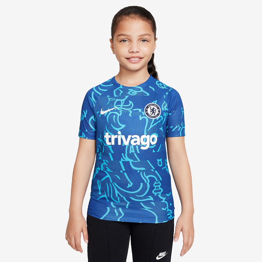 Nike Chelsea 22/23 Kids Pre Match SS Top - Chlorine Blue/Chlorine Blue ...