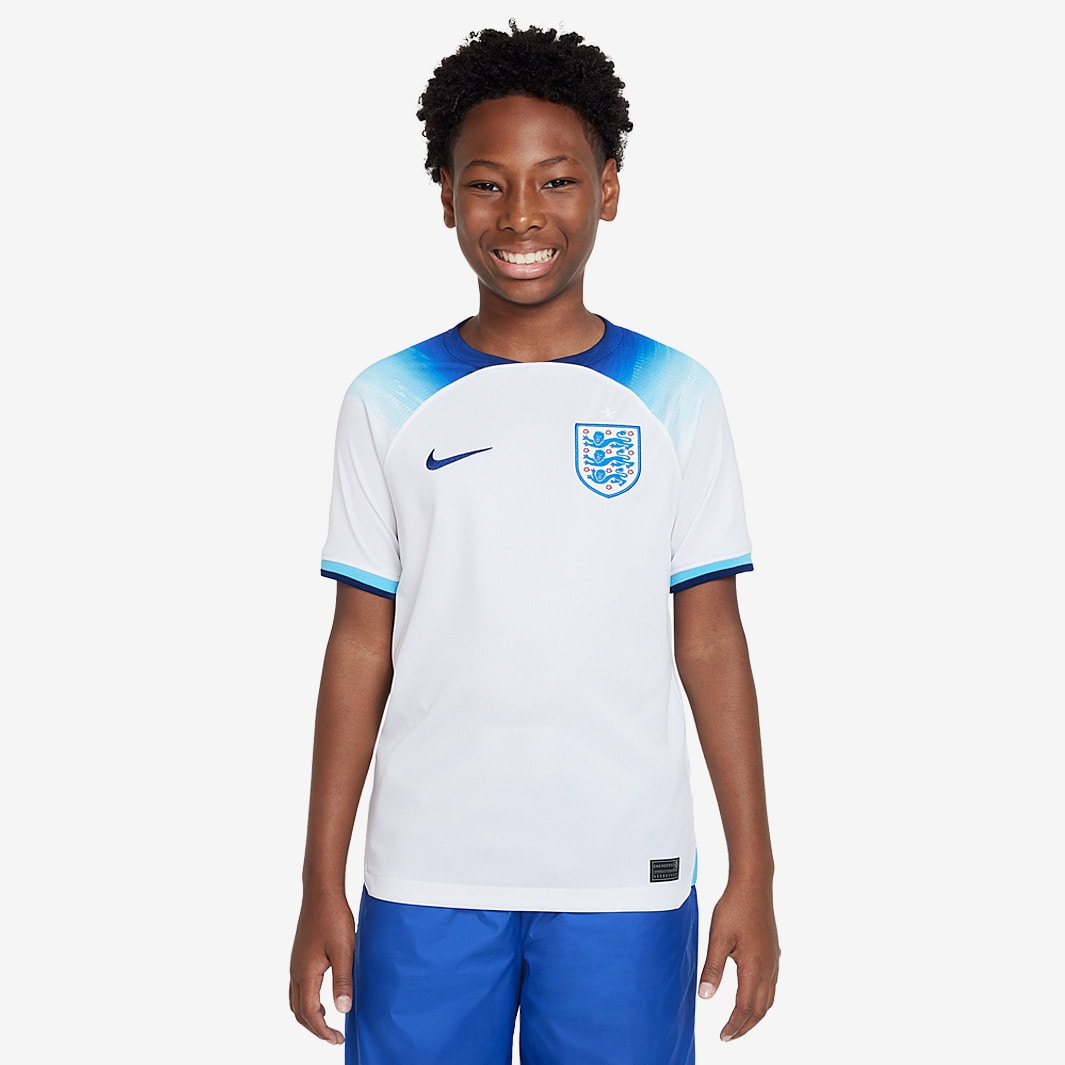 Nike England 22/23 Kids Dri-Fit SS Home Shirt - White/Blue Fury/Blue ...