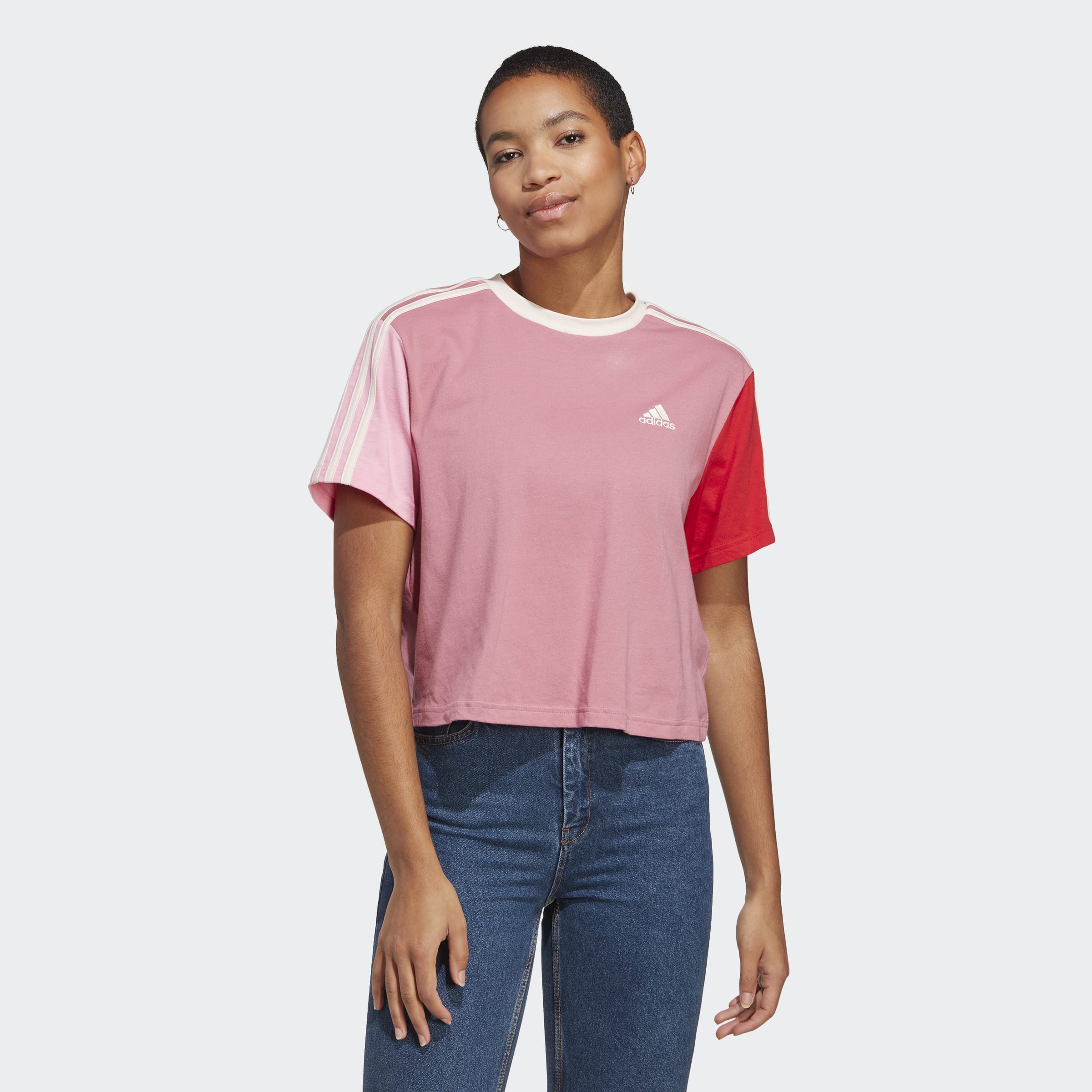 adidas Essentials 3-Stripes Single Jersey Crop Top Pink Strata / Shadow ...