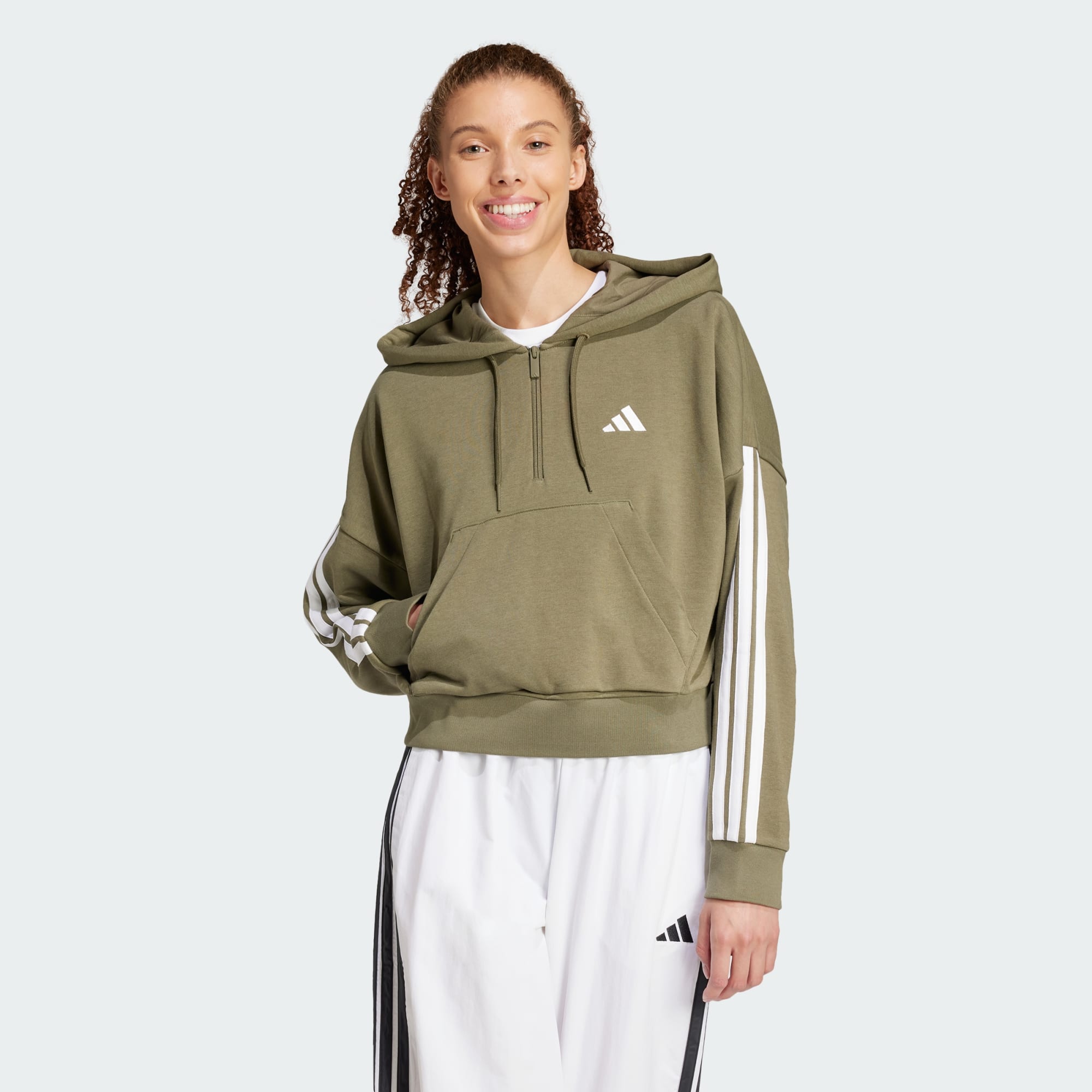 Adidas Women Essentials 3 Stripes French Terry Quarter Zip H Grey