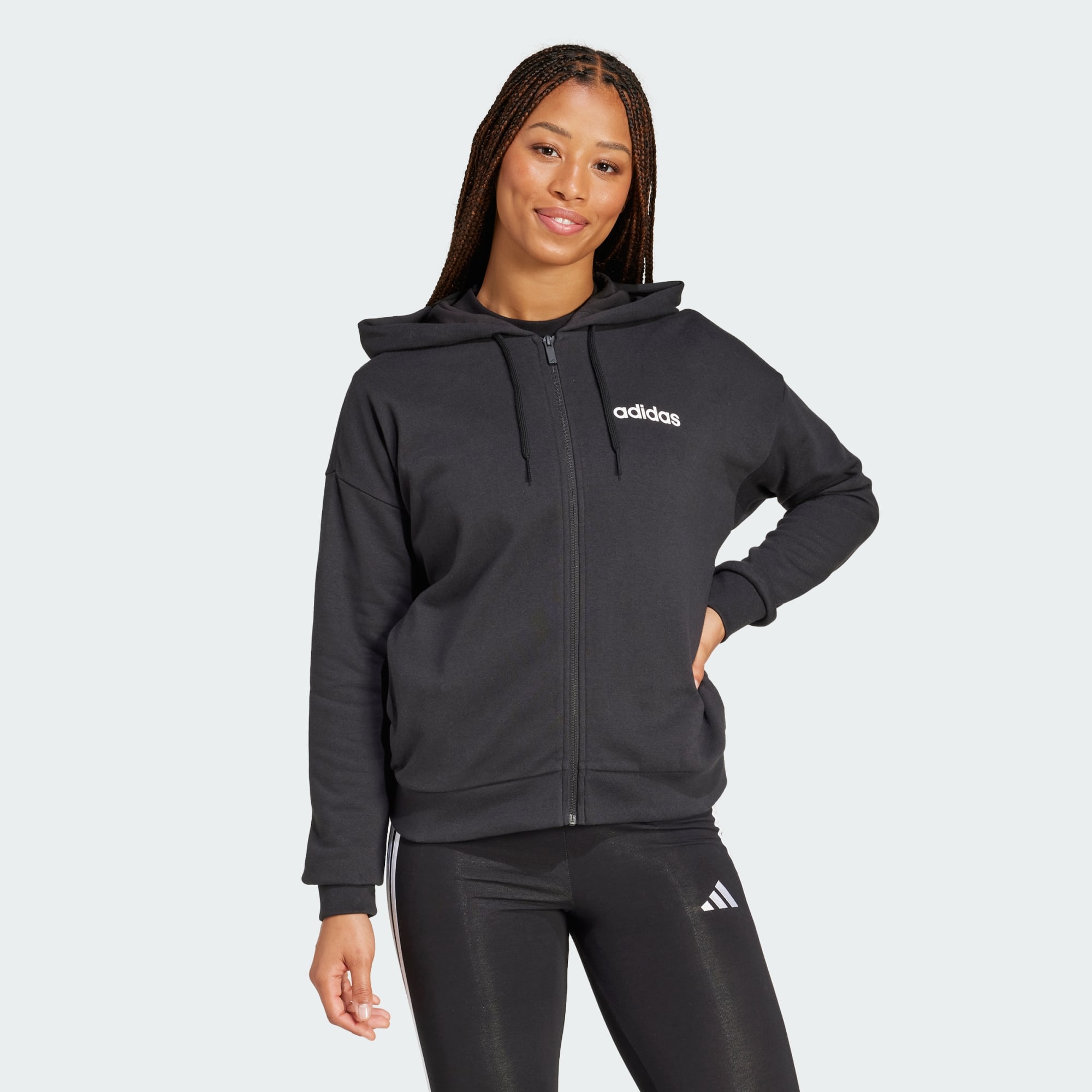 Adidas Women Essentials Linear Full Zip French Terry Hoodie Black