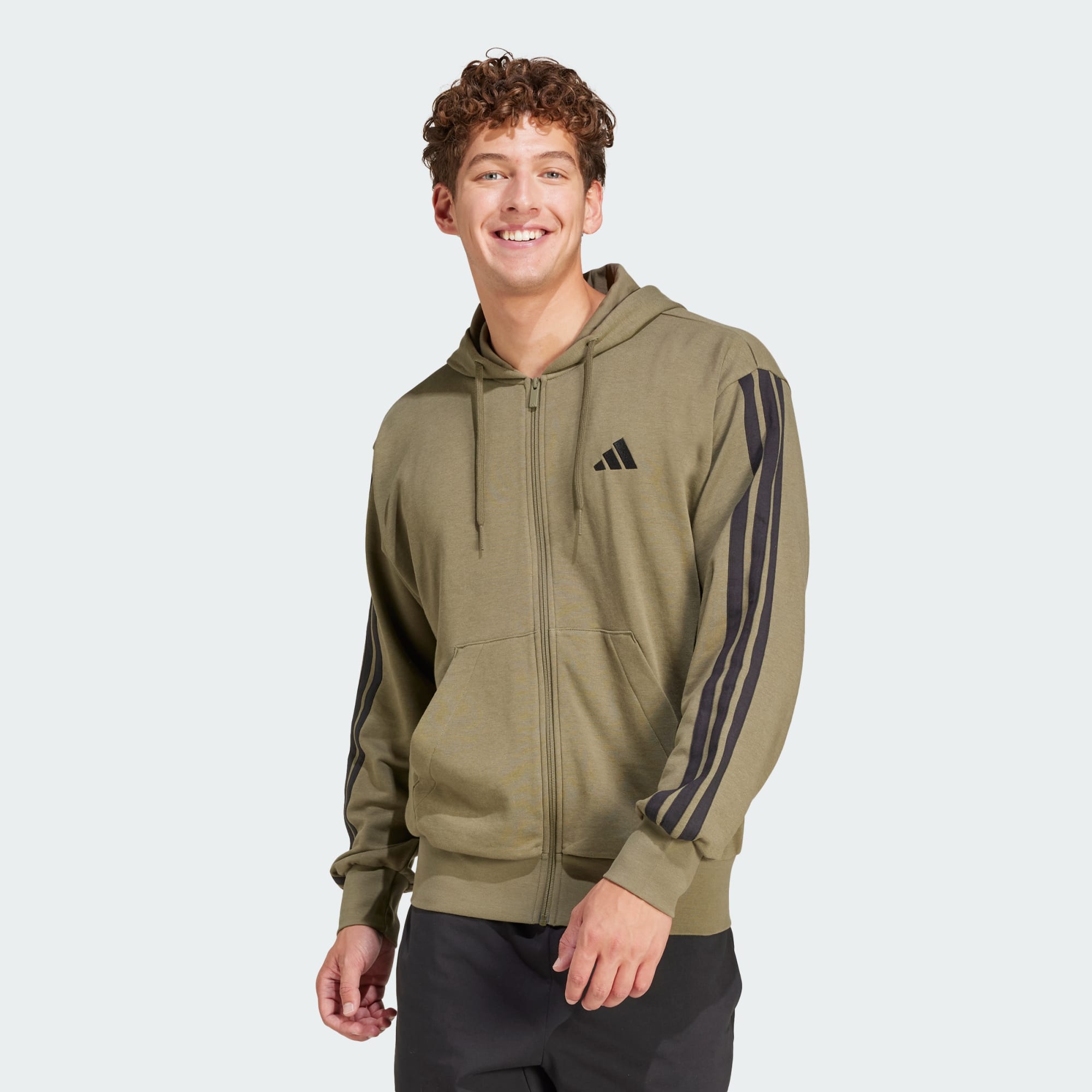 Adidas Men Essentials 3 Stripes French Terry Full Zip Hoodie Black