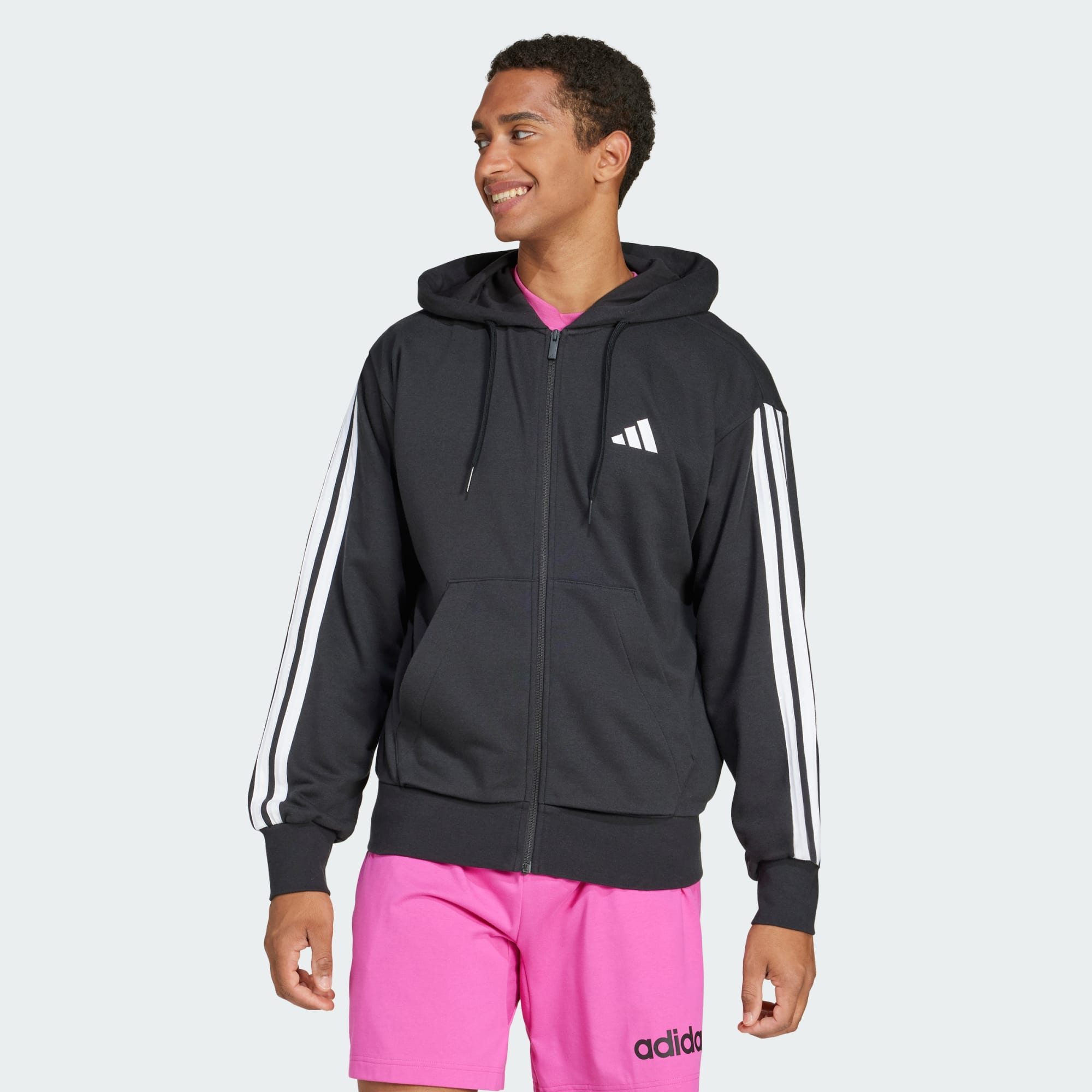 Adidas Men Essentials 3 Stripes French Terry Full Zip Hoodie Black