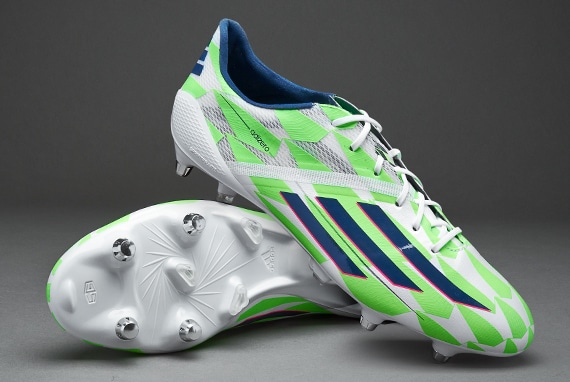 Mens Football Boots - adidas F50 Adizero SG Soft Ground - Soccer Cleats - Core White/Rich Blue/Solar Green | Pro:Direct Soccer