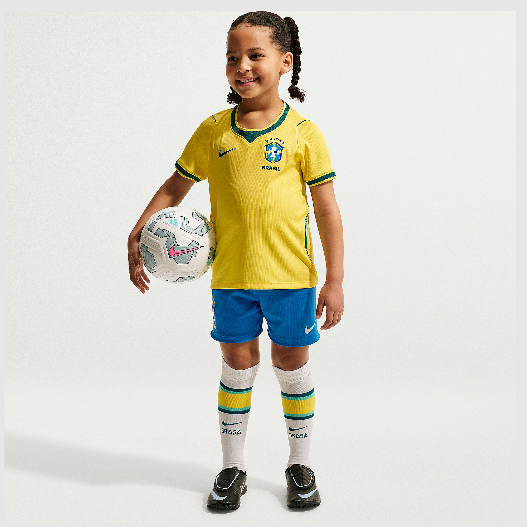 Nike Brazil 2026 Little Kids Dri Fit Stadium Home Kit Canary Light Menta Geode Teal Yellow