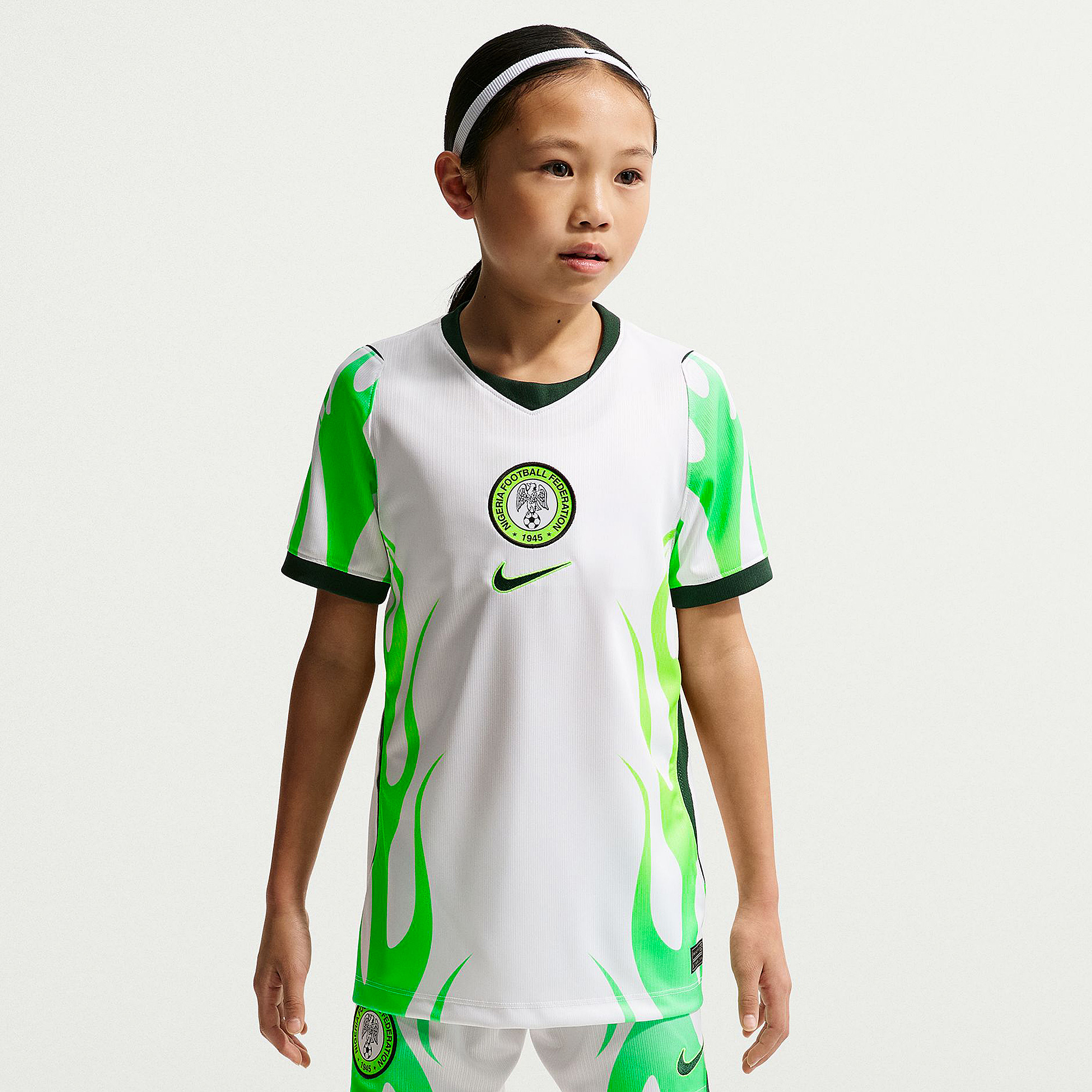 Nike Nigeria 2026 Kids Dri Fit Stadium Away Shirt Green Glow Black White
