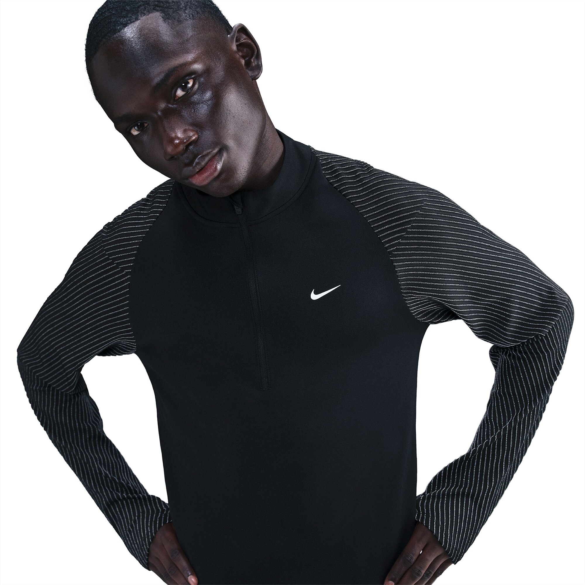 nike swoosh contrast seam long sleeve top in black