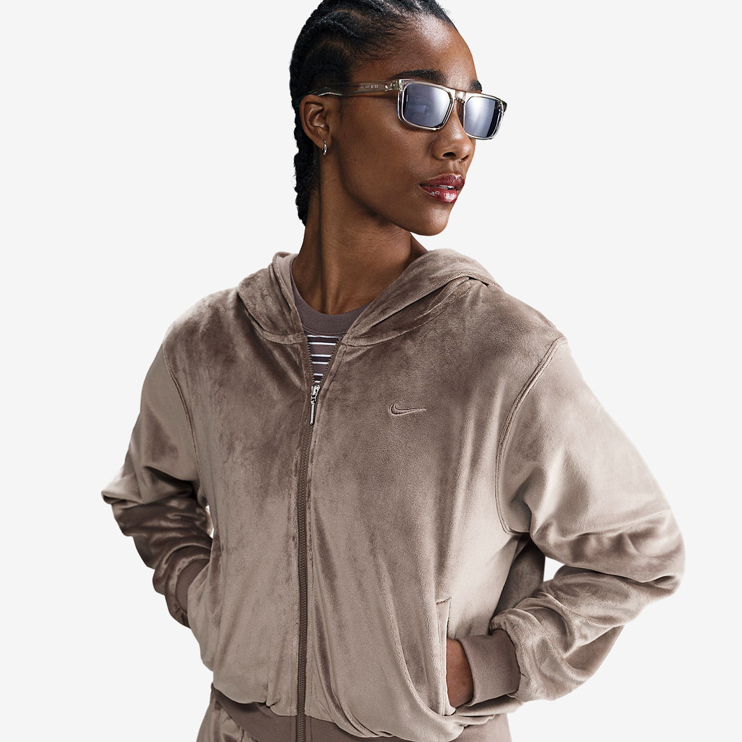 Nike Sportswear Womens Chill Knit Loose Velour Full Zip Hoodie Brown