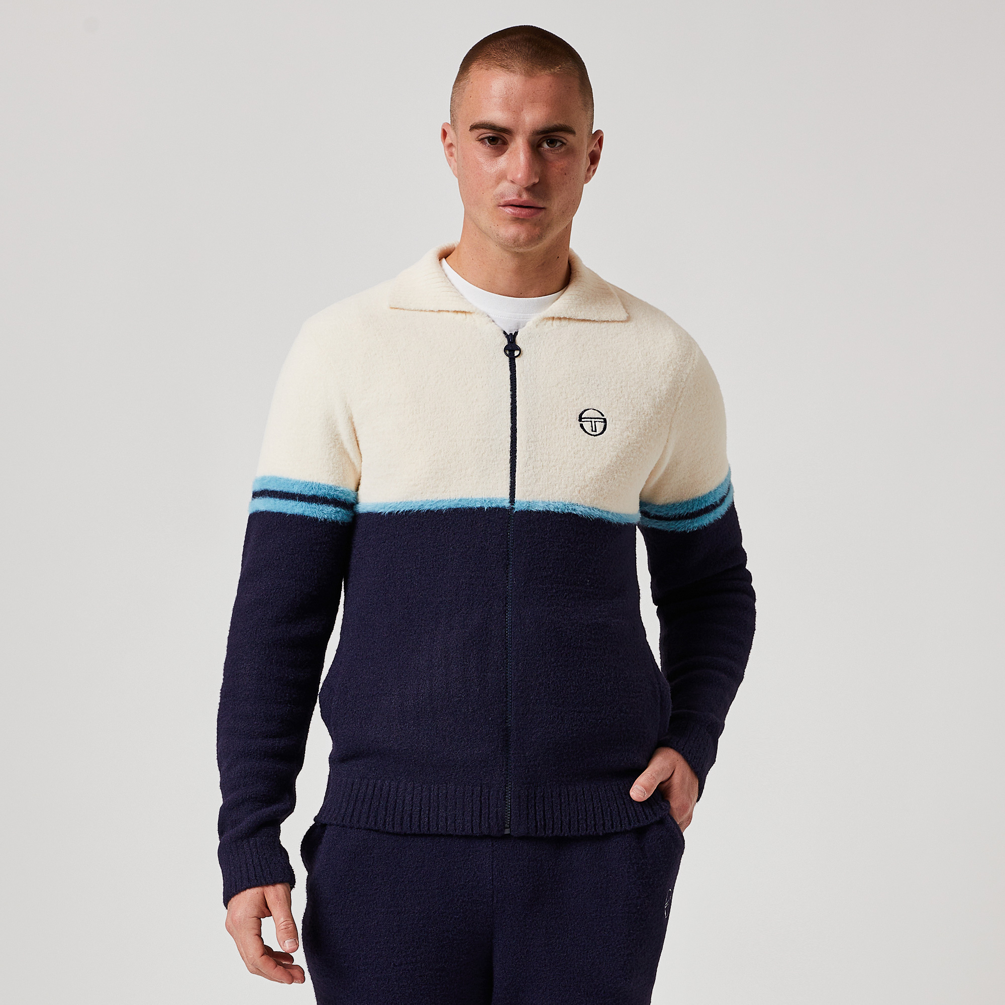 Sergio Tacchini Orion Brushed Knit Track Top Gardenia Maritime Blue Milky Blue Beige