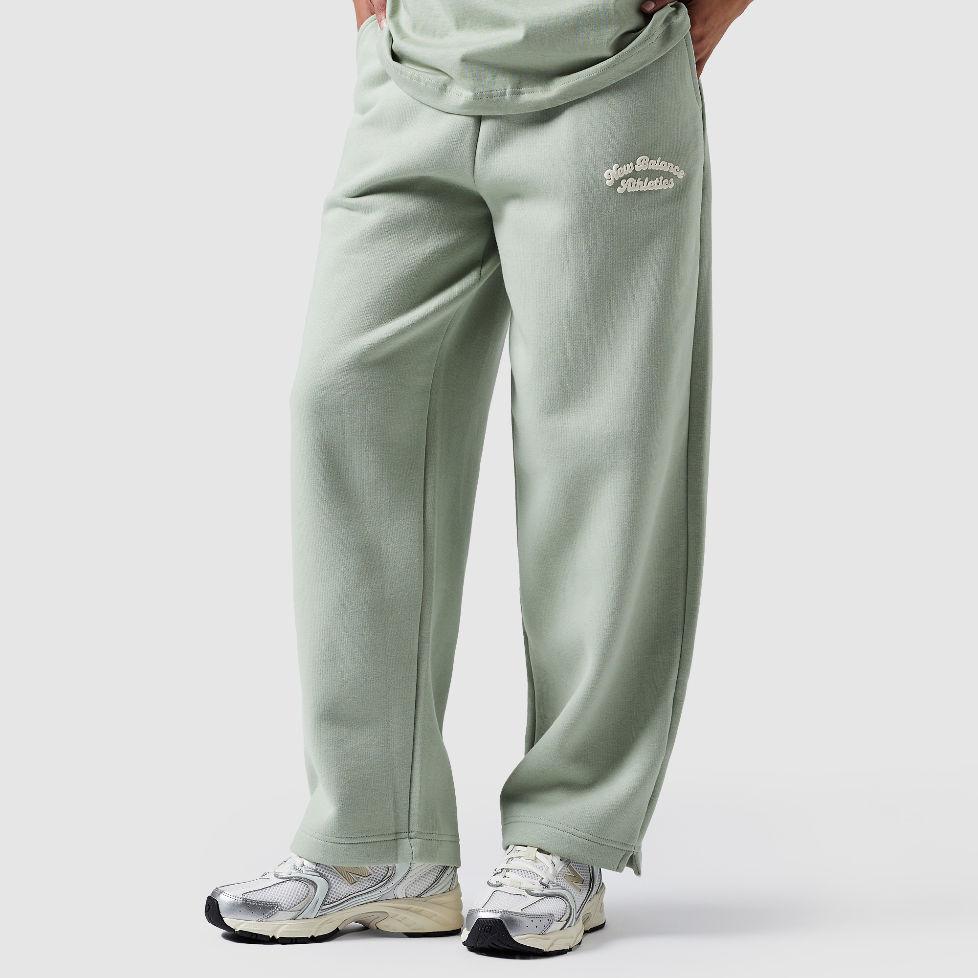 New Balance Womens Linear Heritage Fleece Wide Leg Joggers Green