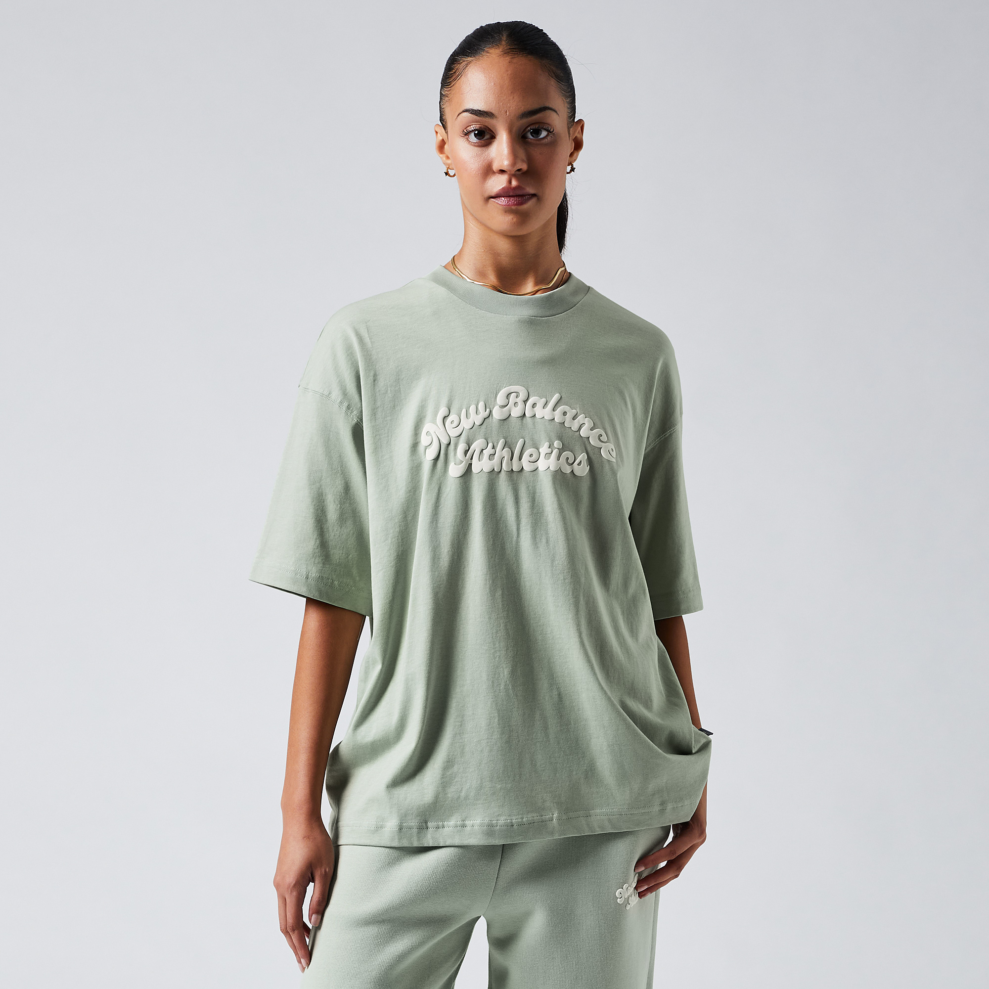New Balance Womens Linear Heritage Oversized T Shirt Green