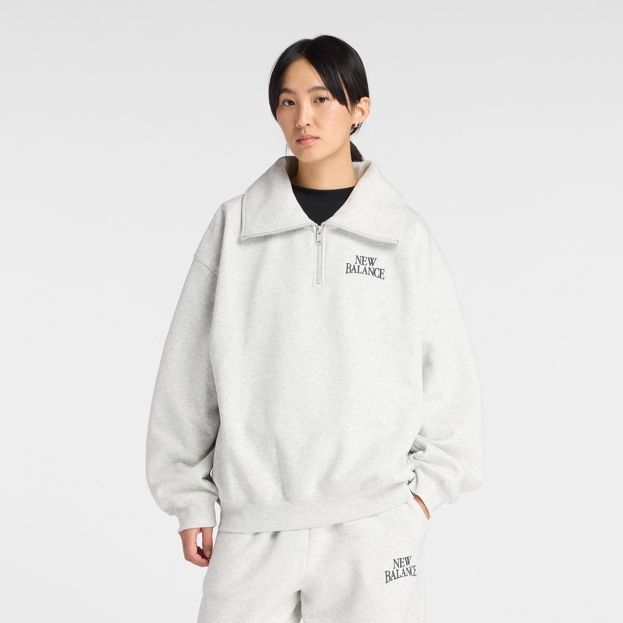 New Balance Womens Linear Heritage Fleece Half Zip Ash Heather Grey
